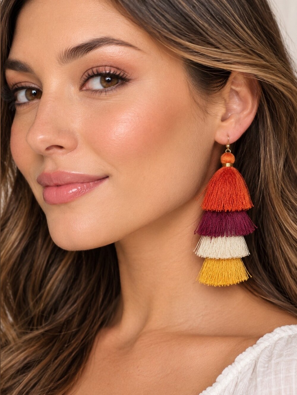 Long Warm Autumn Fall Colors 4 Tier Thread Tassel Earrings Boho Fashion Jewelry